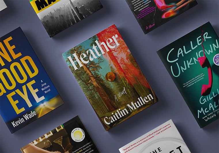 Books arranged on a surface, with "Heather" by Caitlin Mullen prominent in the center.