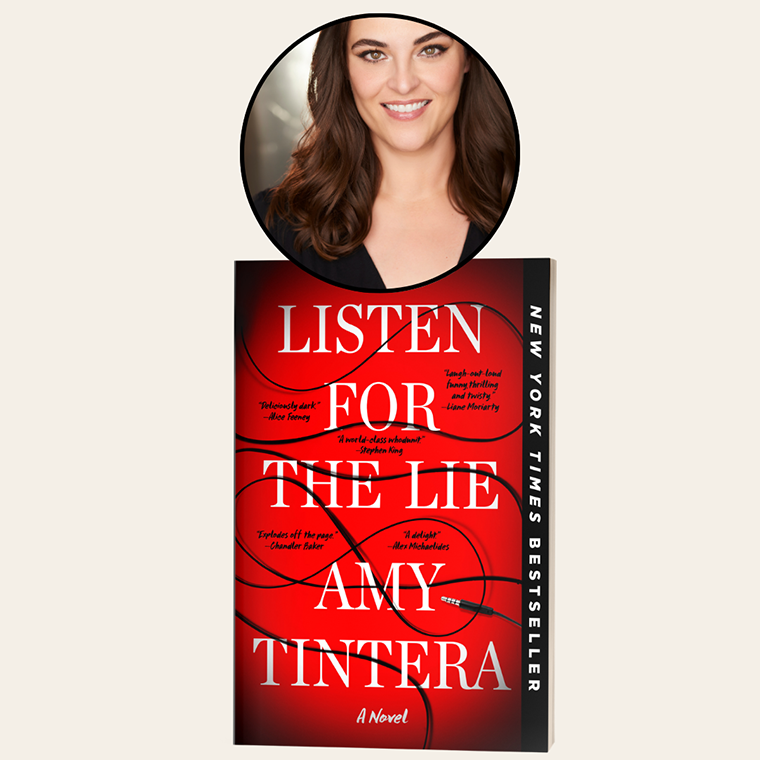 A woman smiles above the cover of the book "Listen for the Lie" by Amy Tintera, a New York Times bestseller.