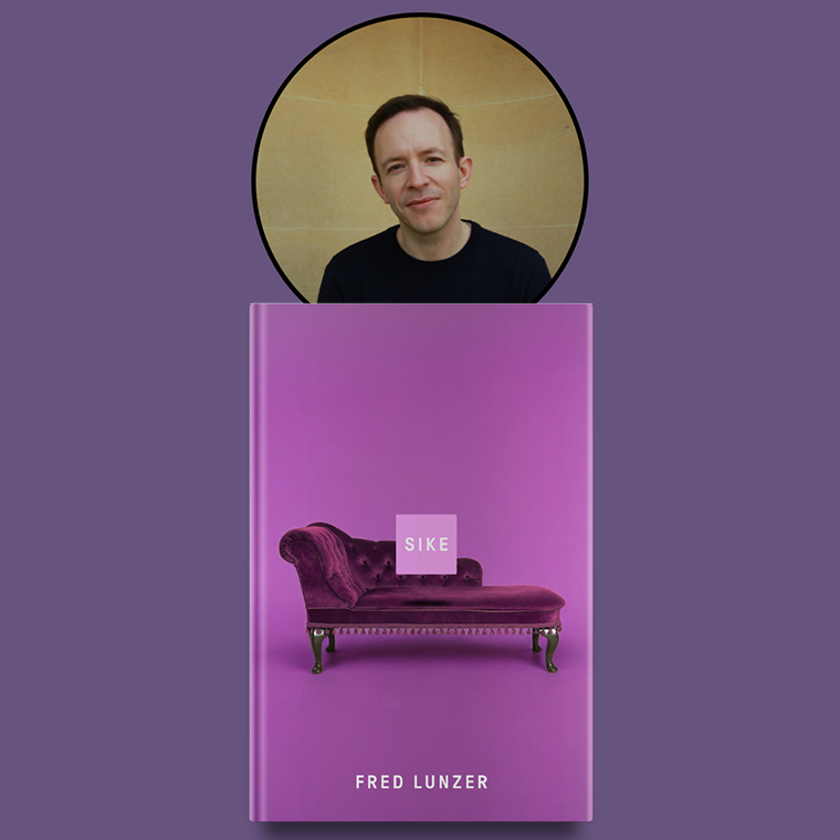 A man’s portrait above a purple book cover featuring a chaise lounge and the title “SIKE” by Fred Lunzer.