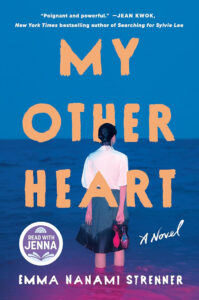 A woman in a white blouse stands in the ocean, holding red shoes; the book title "My Other Heart" overlays.