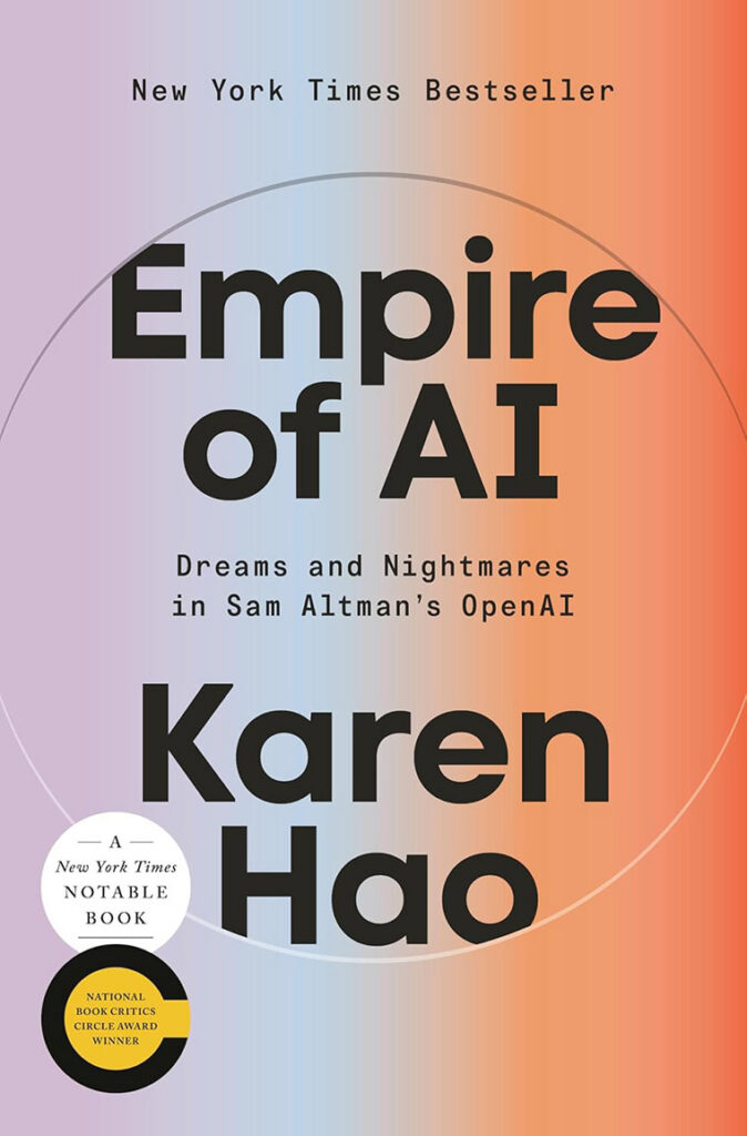 Book cover of "Empire of AI" by Karen Hao, featuring award stickers and a pastel gradient background.