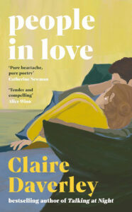 Illustrated couple lying close together, "People in Love" by Claire Daverley, yellow background, book cover.