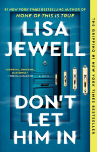 Book cover for "None of This Is True" by Lisa Jewell, featuring a blue door with gold accents and text overlays.
