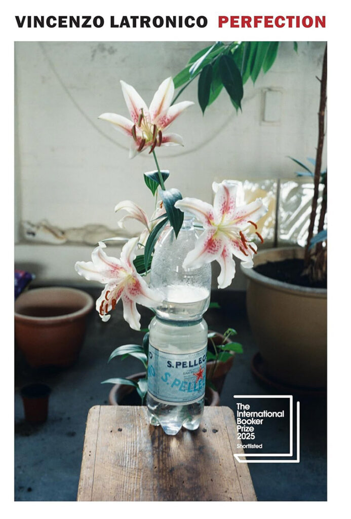 A plastic water bottle holds pink lilies, surrounded by potted plants in a sunlit room.