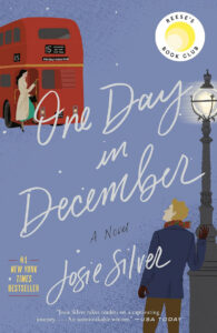Illustrated book cover: a woman boards a red bus while a man looks on from a snowy street under a lamp post.
