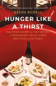 Cover of "Hunger Like a Thirst" with elegant dining table, wine, and plated gourmet food in a red booth.