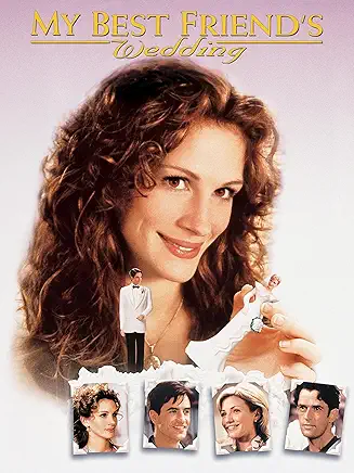 A smiling woman holds wedding cake toppers; below are four headshots. Text reads "My Best Friend's Wedding.