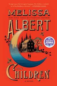 Book cover of "The Children" by Melissa Albert, featuring a house, trees, a crescent moon, and bees on a red background.