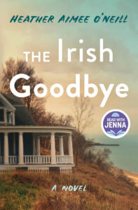 Book cover for "The Irish Goodbye" shows a coastal house with columns and the ocean in the background.