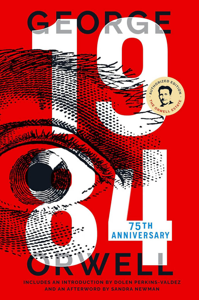 Book cover of "1984" by George Orwell with a large eye illustration and bold red, black, and white text.