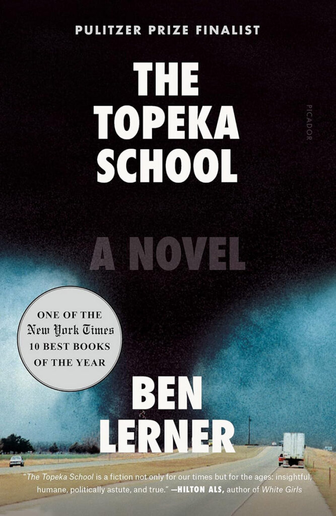 Book cover for "The Topeka School" by Ben Lerner, with a highway scene and a cloudy sky in the background.