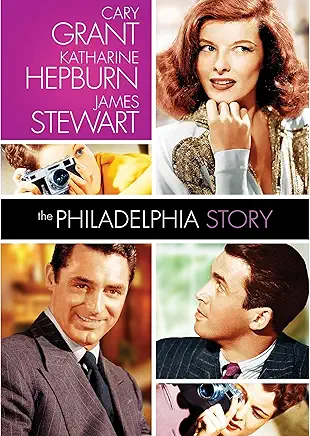 Poster for "The Philadelphia Story" featuring Cary Grant, Katharine Hepburn, and James Stewart with cameras.