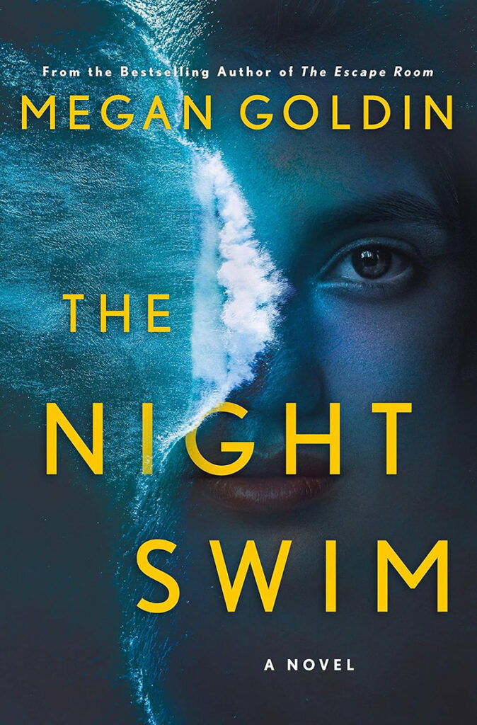 Book cover of "The Night Swim" showing half a woman's face blended with an aerial view of a swimmer in blue water.