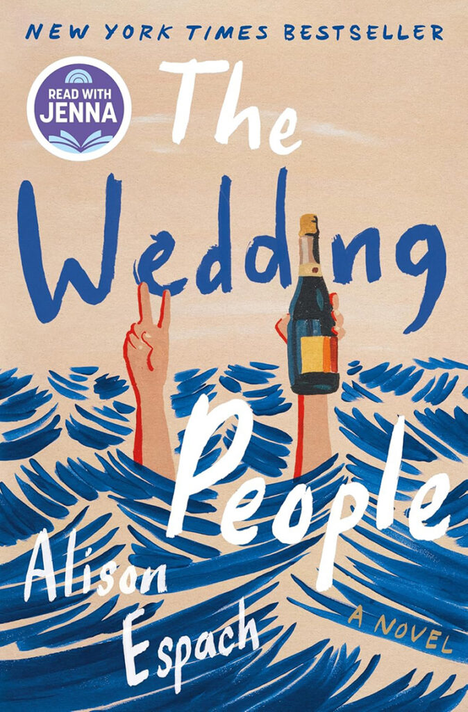 Book cover for "The Wedding People" with arms holding champagne and making a peace sign emerging from blue waves.