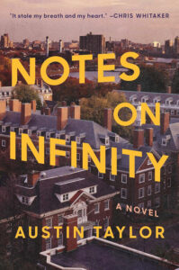 Book cover for "Notes on Infinity" by Austin Taylor, with city buildings and a sunset sky in the background.