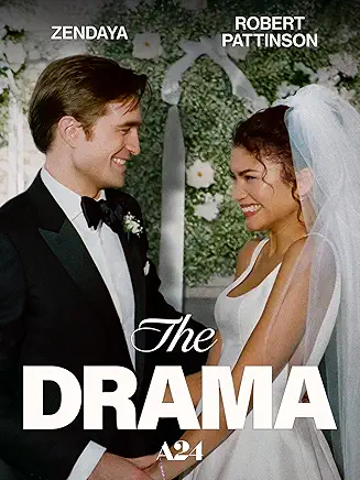 A bride and groom smile at each other, holding hands at their wedding, with "The Drama" text overlay.