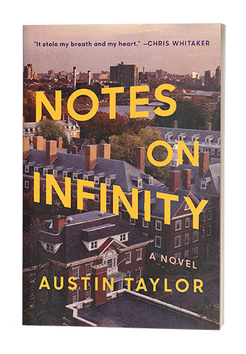 Book cover of "Notes on Infinity" by Austin Taylor, featuring rooftops of city buildings at sunset.