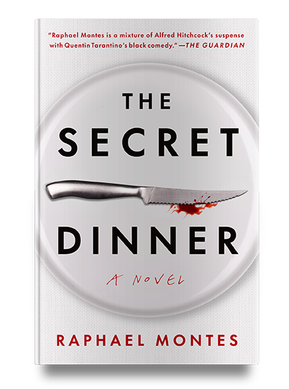 Book cover of "The Secret Dinner" with a bloody knife on a plate; author's name is Raphael Montes.