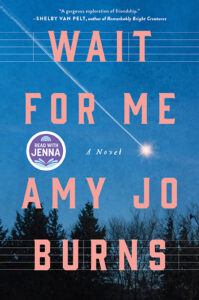 Book cover for "Wait for Me" by Amy Jo Burns, with a blue sky, contrail, and tree silhouettes at the bottom.
