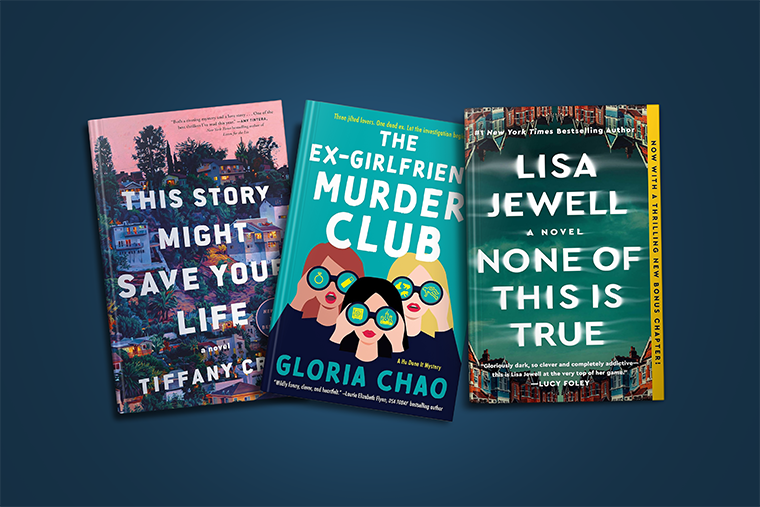 Three colorful book covers displayed side by side on a blue background.