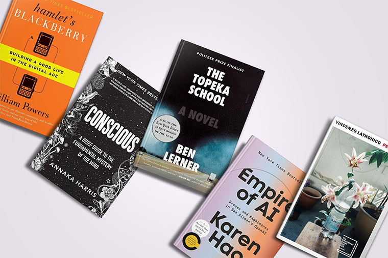 Five books are arranged on a light background, each with different colorful covers and titles visible.