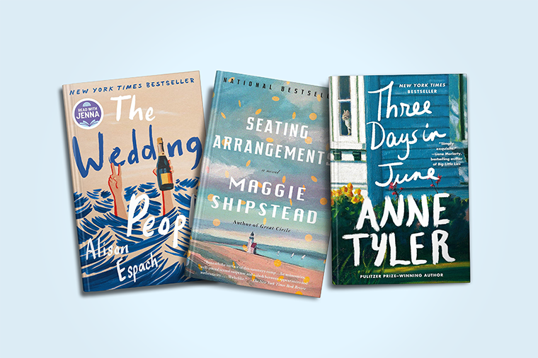 Three colorful book covers: "The Wedding People," "Seating Arrangements," and "Three Days in June.