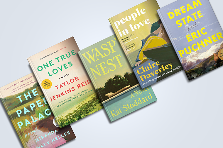 Five novels are displayed side by side, each showing their colorful front covers and titles.