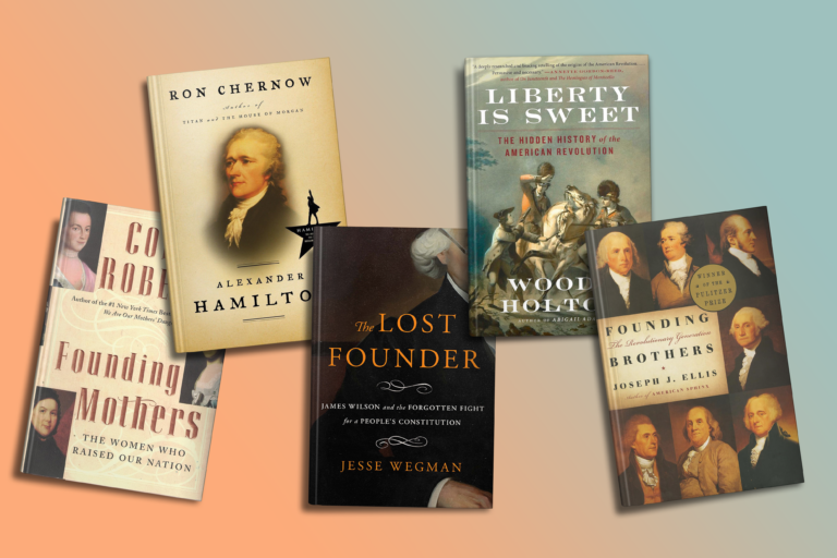 Five books about American history and the Founding Fathers arranged on a gradient background.