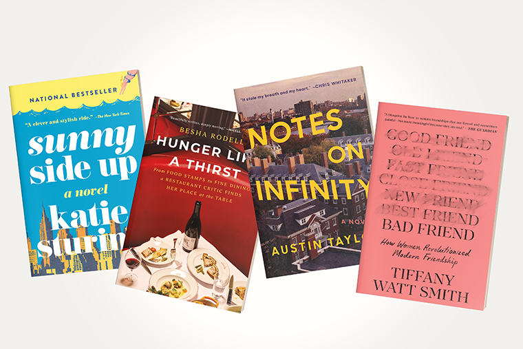 Four books displayed upright: Sunny Side Up, Hunger Like a Thirst, Notes on Infinity, and Good Friend, Bad Friend.