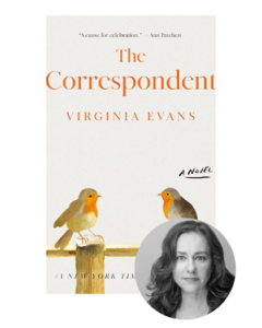 Book cover of "The Correspondent" with two birds and a black-and-white photo of a woman in the corner.
