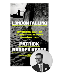 Book cover of "London Falling" with a river scene, plus a black-and-white photo of a man in a suit and glasses.