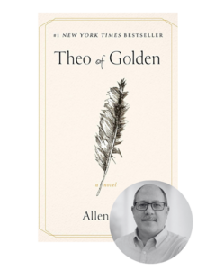 Book cover of "Theo of Golden" with a feather illustration; inset shows a man with glasses and a mustache.