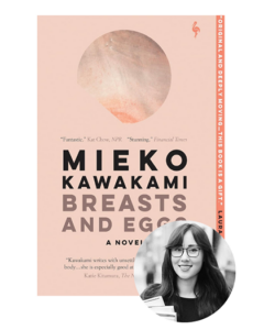 Book cover of "Breasts and Eggs" by Mieko Kawakami with a black-and-white photo of a smiling woman in glasses.