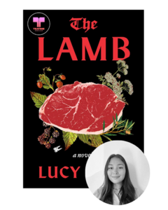 Book cover for "The Lamb" with a raw meat image; a black-and-white photo of a woman is inset at the bottom.