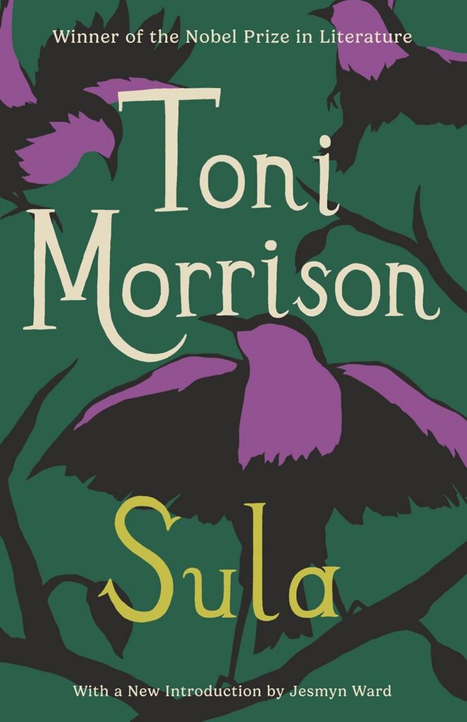 Book cover of "Sula" by Toni Morrison with purple and black birds on a green background.