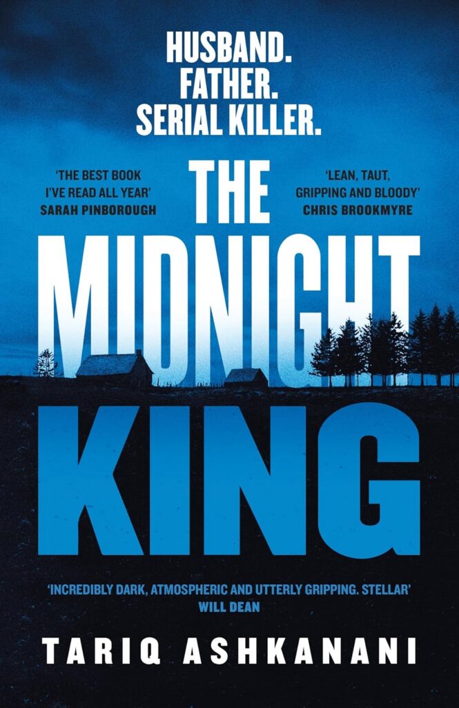 Book cover for "The Midnight King" by Tariq Ashkanani, with trees, house silhouette, and blue gradient background.