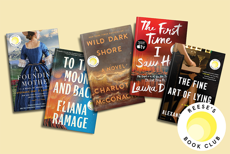 Five books from Reese’s Book Club displayed on a light background with the club’s logo in the corner.