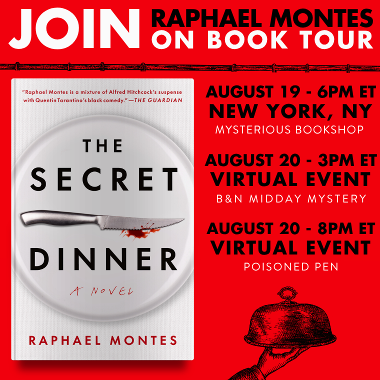 Book tour poster for "The Secret Dinner" by Raphael Montes, with event dates and locations listed.