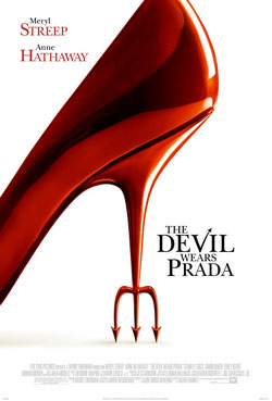 Red high heel with a pitchfork heel, "The Devil Wears Prada" title, actors' names in the top corners.