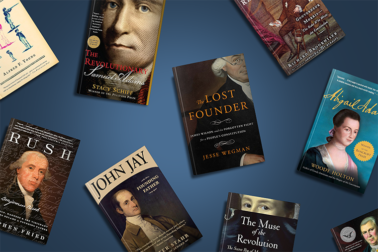 Several books about American Revolution figures are arranged diagonally on a blue background.