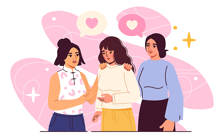 Two women comfort a sad friend, with hearts and supportive symbols in speech bubbles above them.