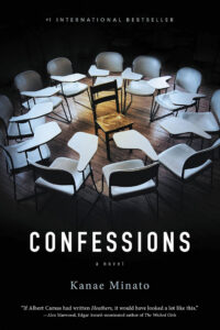 A single chair faces a circle of empty white desks on the cover of “Confessions” by Kanae Minato.