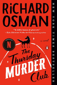 Red book cover for “The Thursday Murder Club” by Richard Osman, featuring black and white text and a fox silhouette.