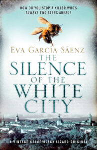 Book cover for “The Silence of the White City” with a bee and a cityscape below the title.
