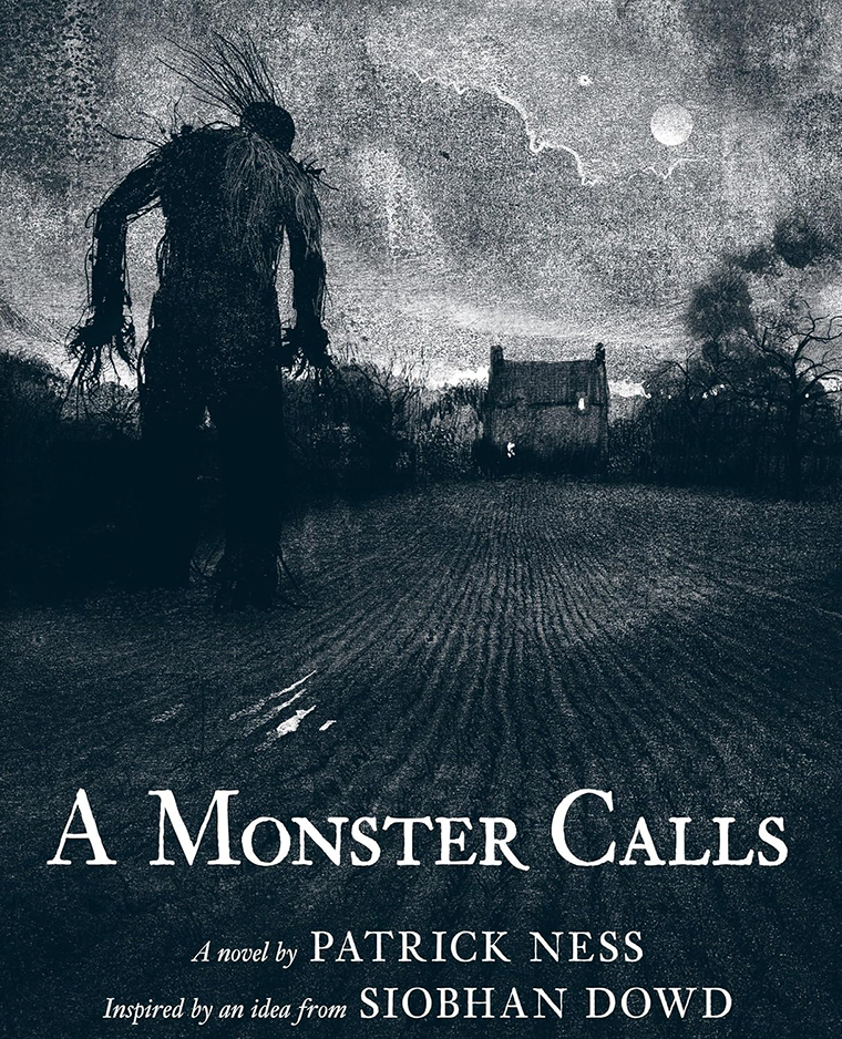 A shadowy monster approaches a distant house at night under a cloudy, moonlit sky. Text: “A Monster Calls”.