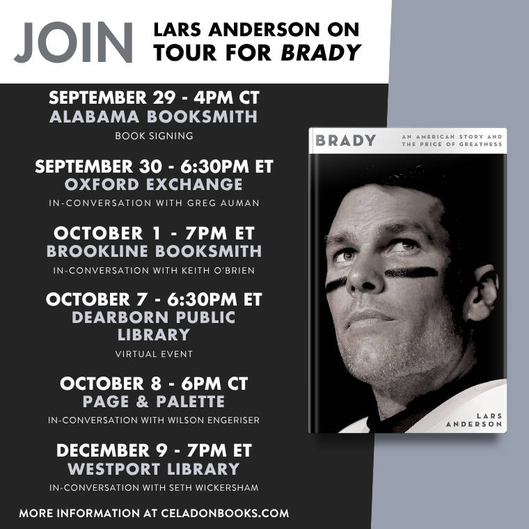 Book tour poster with dates, locations, and an image of a book titled “Brady” by Lars Anderson.