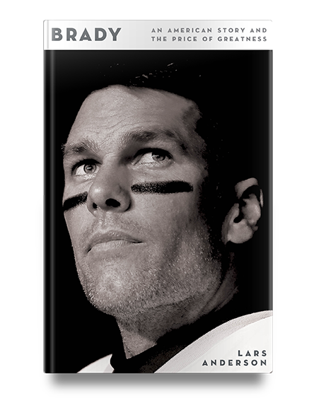 Book cover featuring a football player in black eye paint looking upward, titled “Brady” by Lars Anderson.