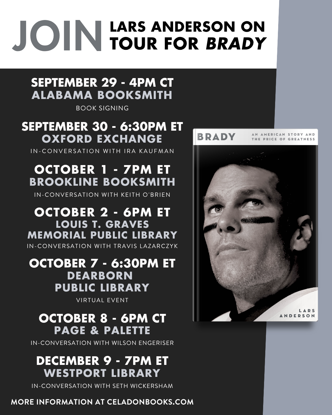 Dates and locations for Lars Anderson’s Brady book tour. 