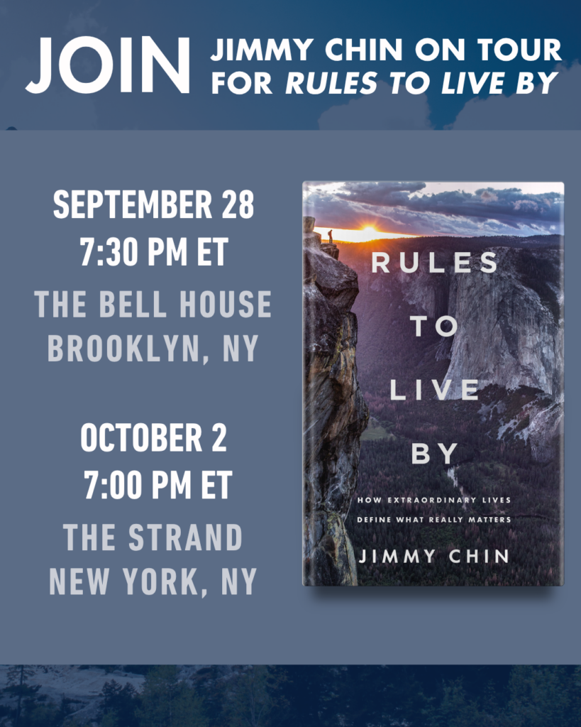 Book tour poster for “Rules to Live By” by Jimmy Chin with tour dates and locations in Brooklyn and New York.