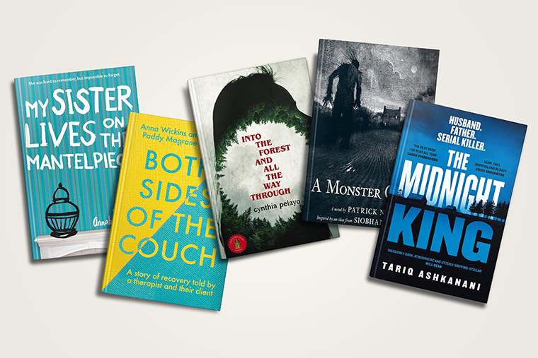 Five books with colorful covers arranged in a row on a beige background.